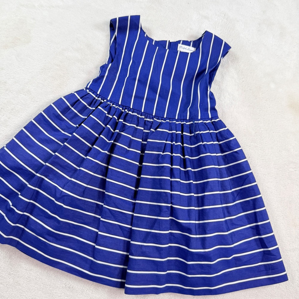Ralph Lauren Girls Blue White Striped Sleeveless Cotton Dress 24M Button Back